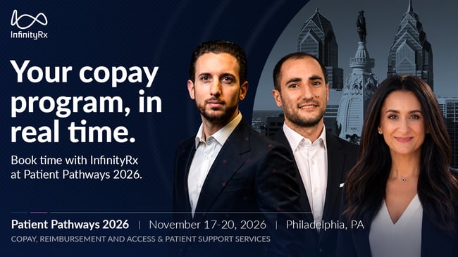 InfinityRx team at Patient Pathways 2026 discussing copay program visibility, claim-level control, and gross-to-net protection